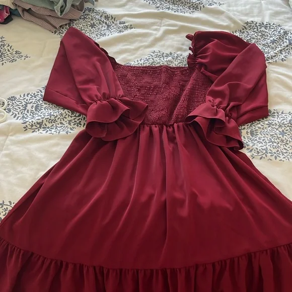 Dresses | Dark Red Puff Sleeve Ruffle Mini Dress | Poshmark